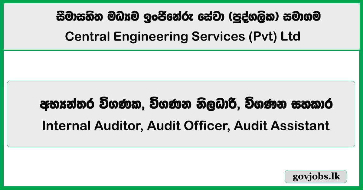 Internal Auditor, Audit Officer, Audit Assistant – Central Engineering Services (Pvt) Ltd Job Vacancies 2025