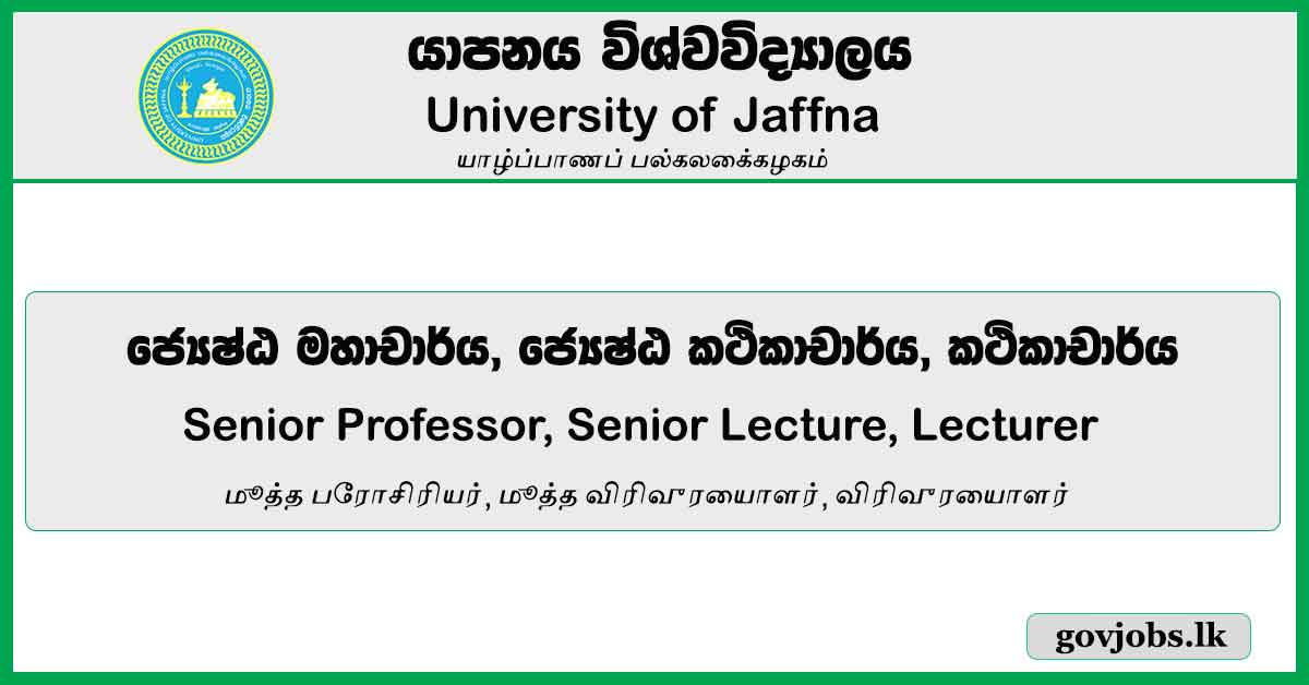 Senior Professor, Senior Lecture, Lecturer - University Of Jaffna Job Vacancies 2024