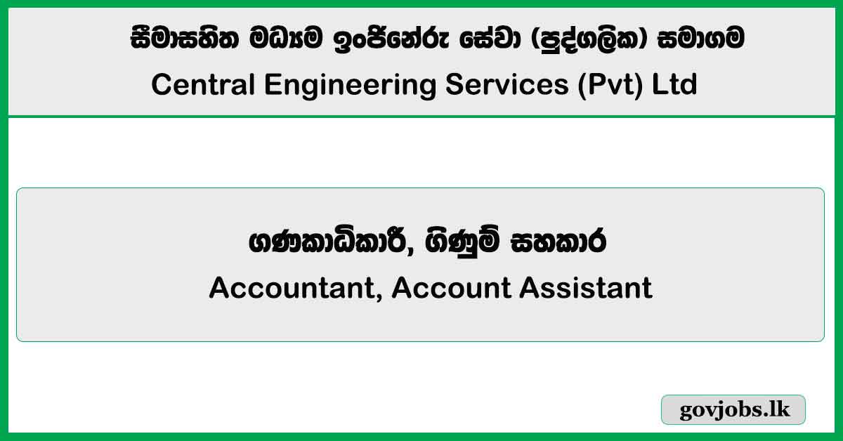 Accountant, Account Assistant – Central Engineering Services (Pvt) Ltd Job Vacancies 2025