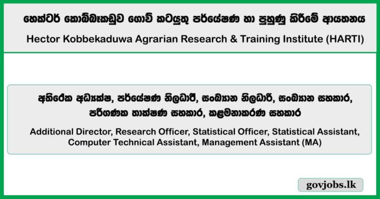 Additional Director, Research Officer & More Vacancies 2025- Hector Kobbekaduwa Agrarian Research & Training Institute (HARTI)