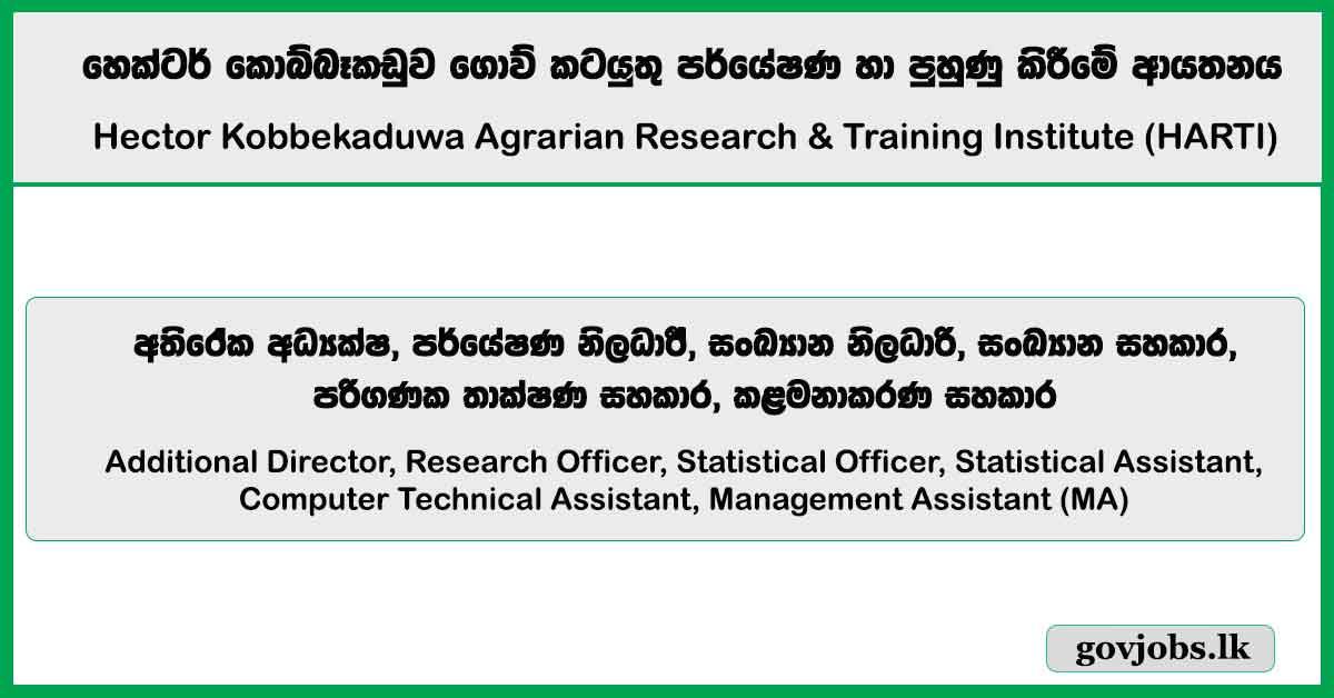 Additional Director, Research Officer & More Vacancies 2025- Hector Kobbekaduwa Agrarian Research & Training Institute (HARTI)