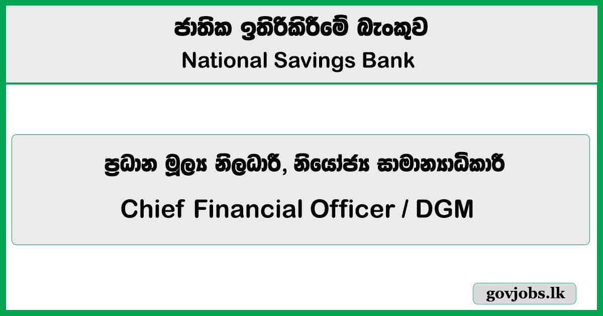 Chief Financial Officer, DGM - National Savings Bank 2026 Job Vacancies
