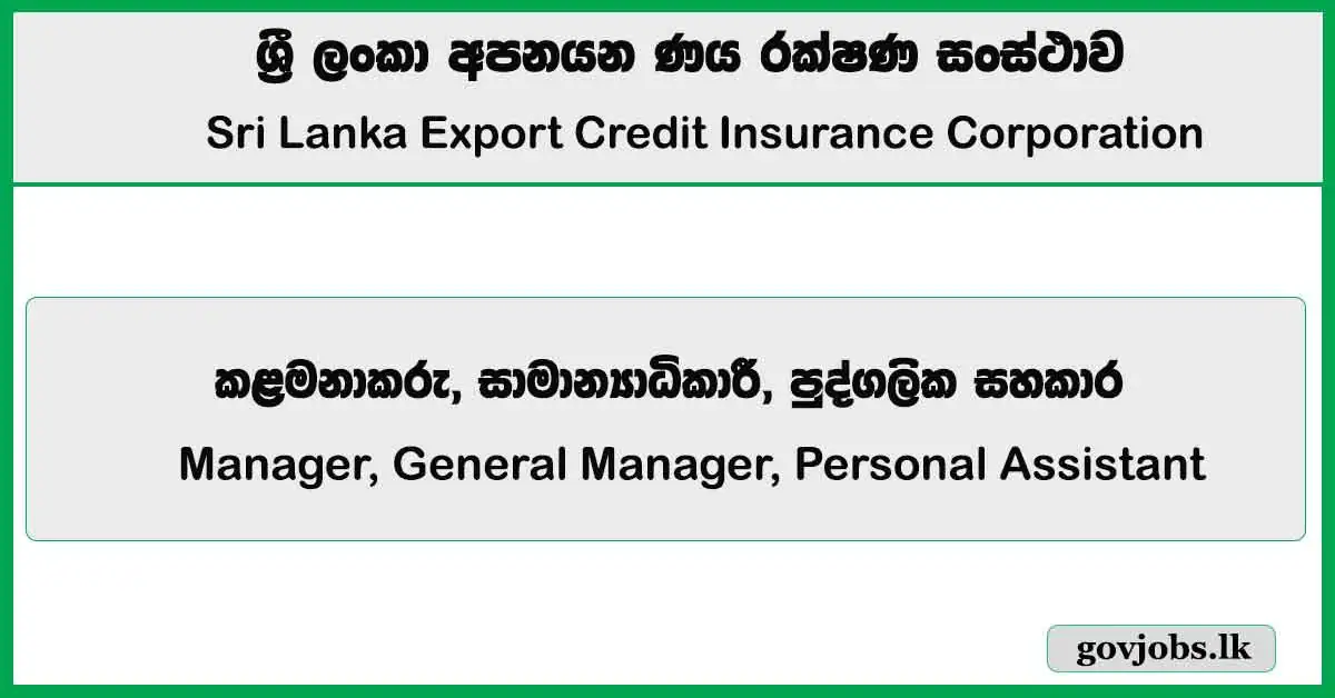 General Manager, Assistant Manager,Junior Manager - Sri Lanka Export Credit Insurance Corporation (SLECIC) Job Vacancies 2025