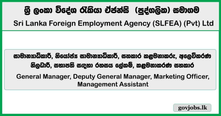 General Manager, Deputy General Manager, Marketing Officer, Management Assistant & More Vacancies – Sri Lanka Foreign Employment Agency Job Vacancies 2026