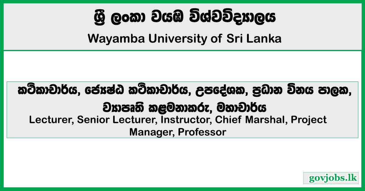 Lecturer, Senior Lecturer, Instructor, Chief Marshal, Project Manager, Professor - Wayamba University of Sri Lanka Job Vacancies 2026
