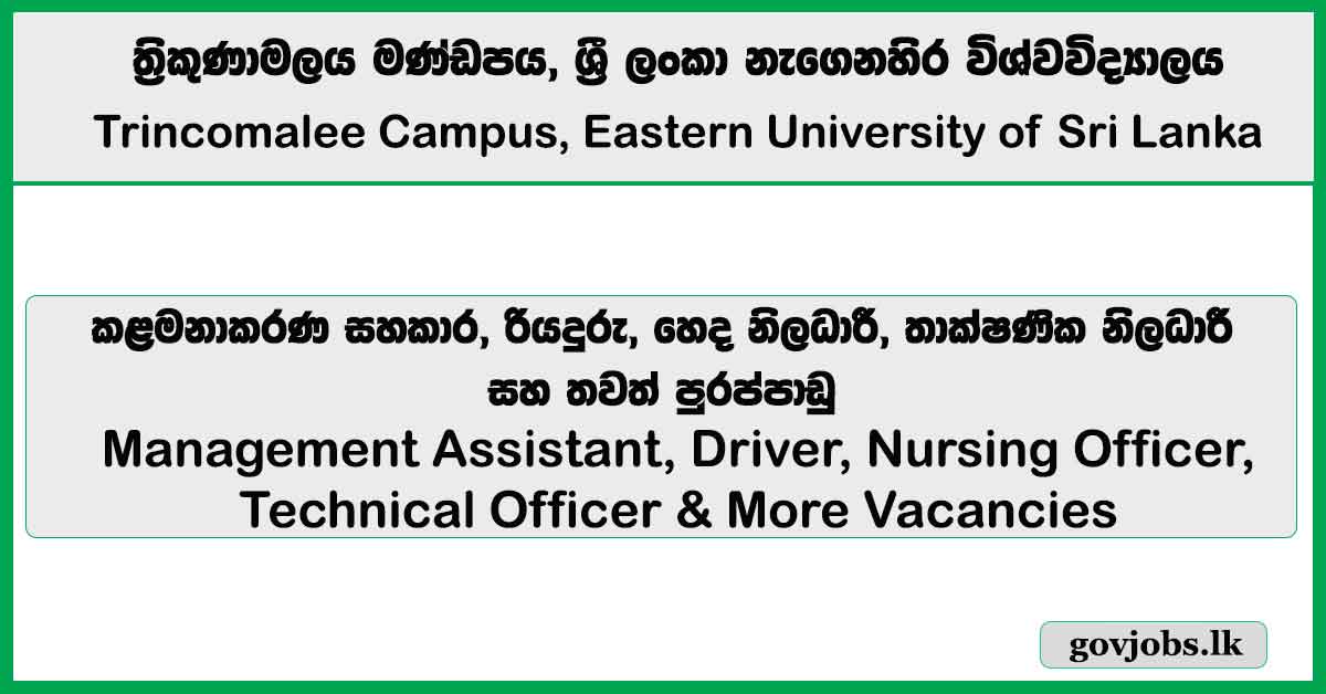 Management Assistant, Driver, Nursing Officer, Technical Officer & More Vacancies 2026 - Trincomalee Campus, Eastern University of Sri Lanka