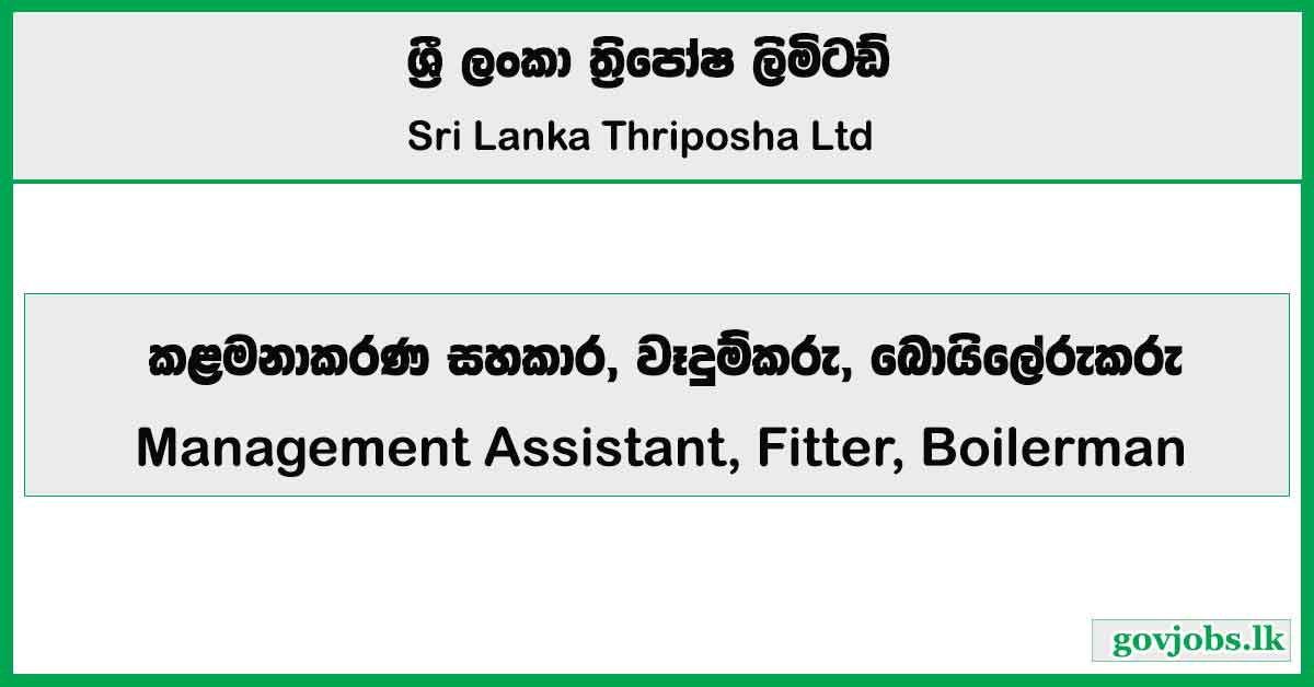 Management Assistant, Fitter, Boilerman - Sri Lanka Thriposha Limited Job Vacancies 2025