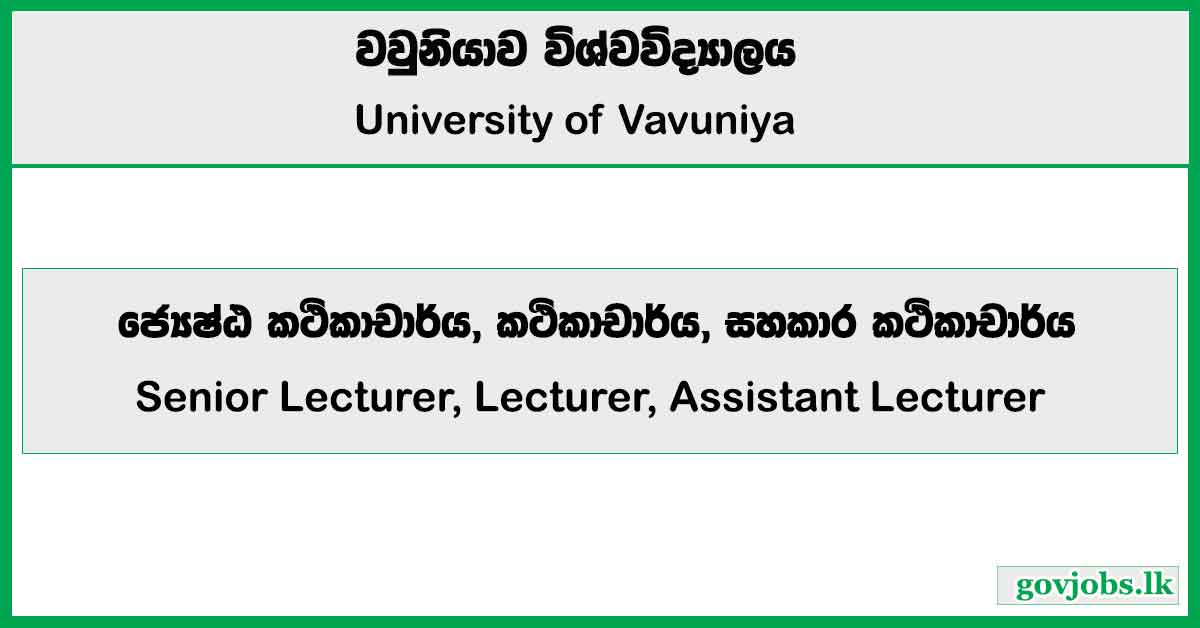 Senior Lecturer, Lecturer, Assistant Lecturer - University of Vavuniya Job Vacancies 2025