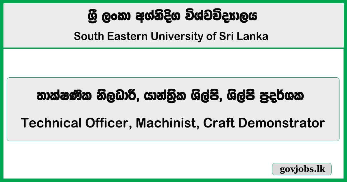 Technical Officer, Machinist, Craft Demonstrator - South Eastern University of Sri Lanka 2026 Job Vacancies